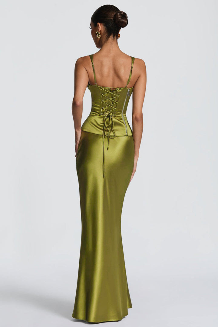 Fleur | Satin Pleated V-Neck Maxi Skirt Set