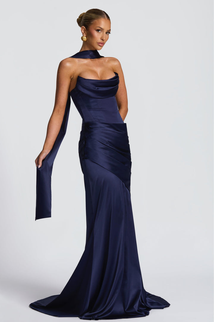 Valentina | Satin Pleated Off-Shoulder Maxi Dress