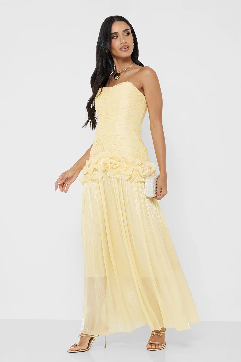 Edith | Strapless Pleated Ruffle Metallic Maxi Dress