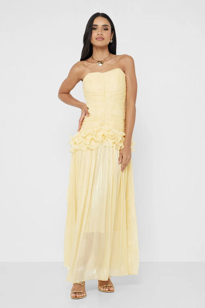 Edith | Strapless Pleated Ruffle Metallic Maxi Dress