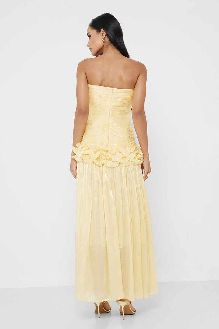 Edith | Strapless Pleated Ruffle Metallic Maxi Dress