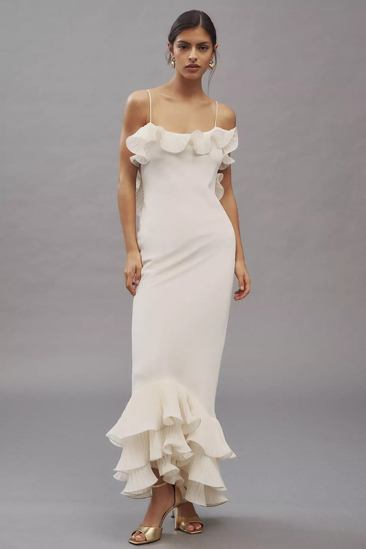 Opal | Pleated Ruffle Stretch Jersey Midi Dress