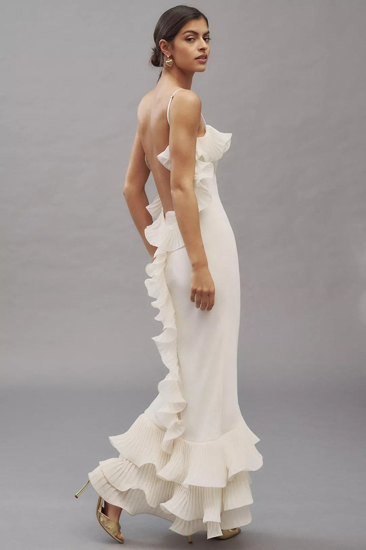 Opal | Pleated Ruffle Stretch Jersey Midi Dress