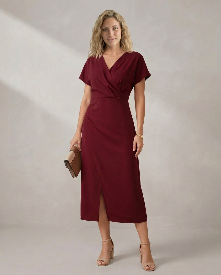 Nadine | Short Sleeve Faux Wrap Midi with Side Slit