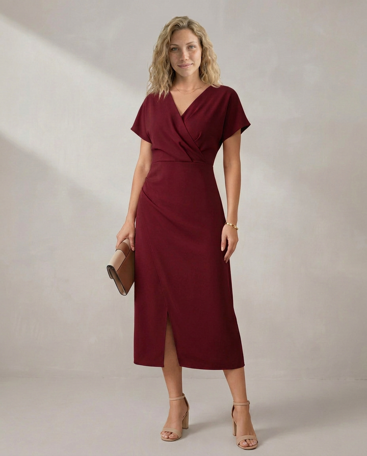Nadine | Short Sleeve Faux Wrap Midi with Side Slit
