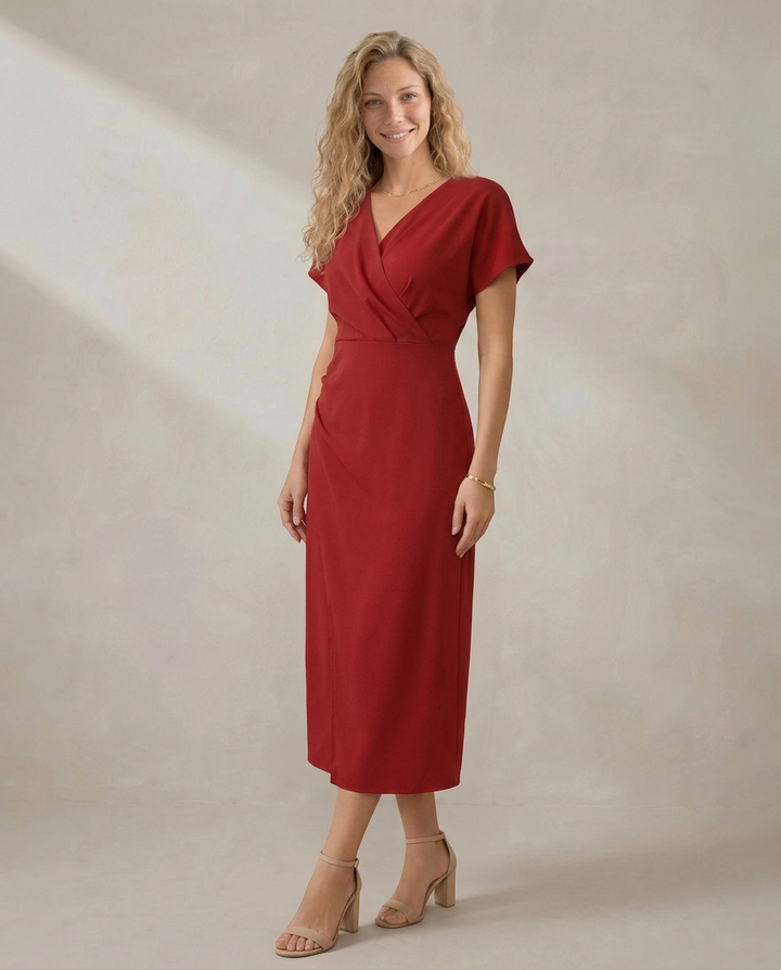 Nadine | Short Sleeve Faux Wrap Midi with Side Slit