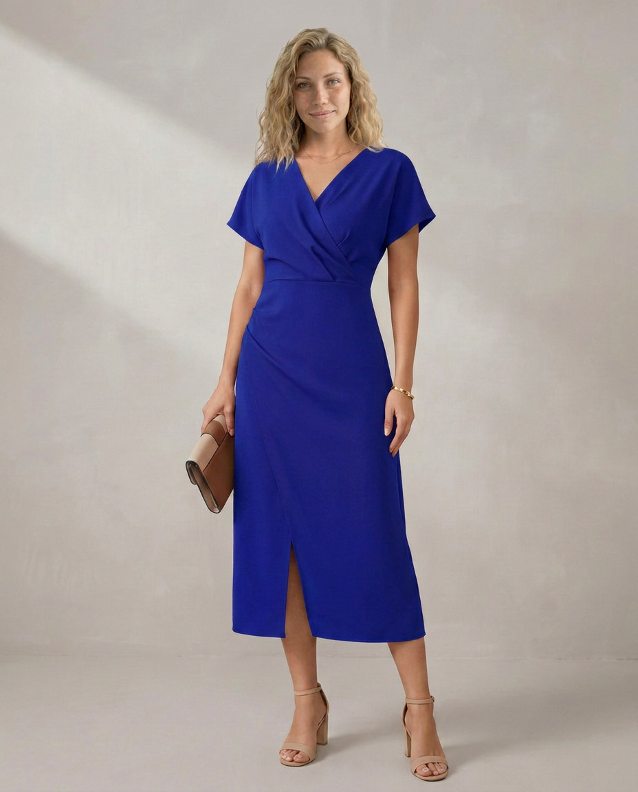 Nadine | Short Sleeve Faux Wrap Midi with Side Slit