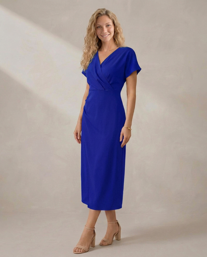 Nadine | Short Sleeve Faux Wrap Midi with Side Slit