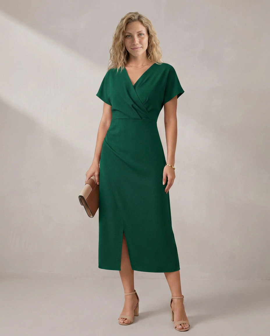 Nadine | Short Sleeve Faux Wrap Midi with Side Slit