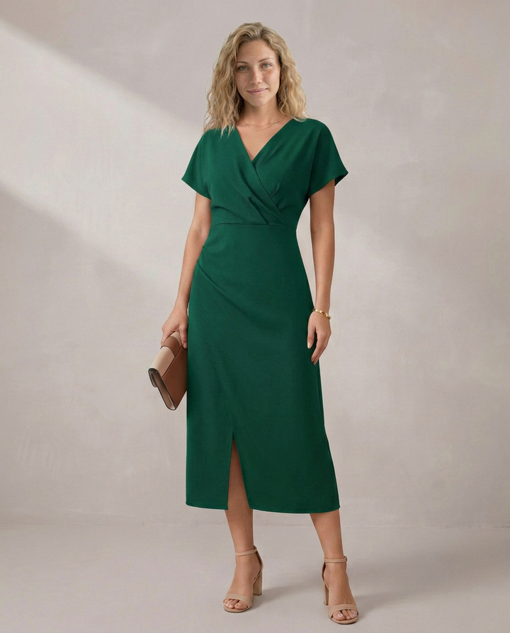 Nadine | Short Sleeve Faux Wrap Midi with Side Slit