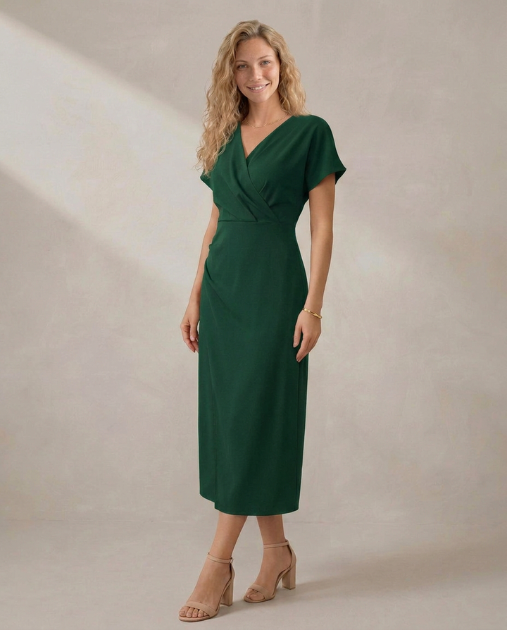 Nadine | Short Sleeve Faux Wrap Midi with Side Slit