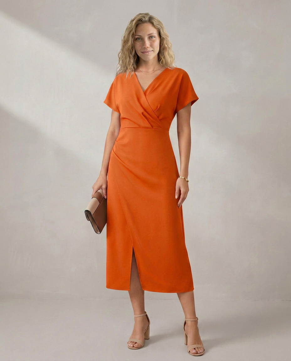 Nadine | Short Sleeve Faux Wrap Midi with Side Slit