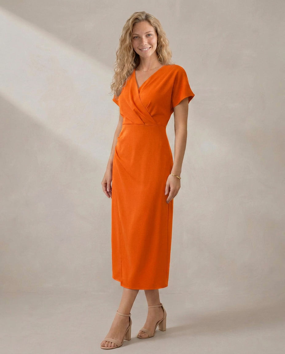 Nadine | Short Sleeve Faux Wrap Midi with Side Slit
