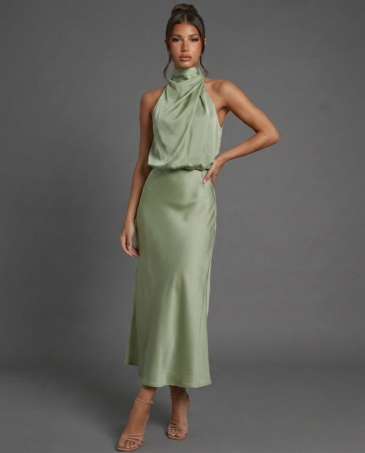 Celine | Draped Halterneck Satin Midi