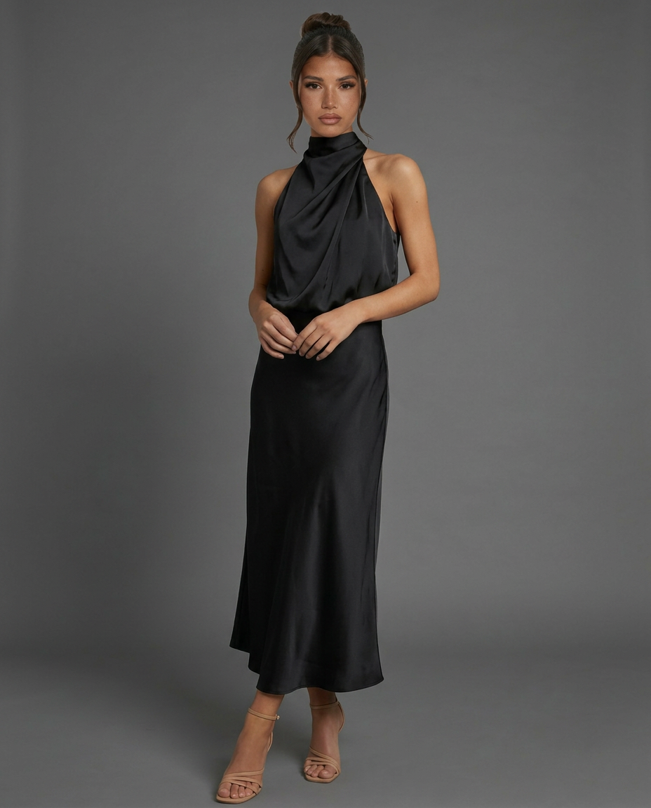 Celine | Draped Halterneck Satin Midi