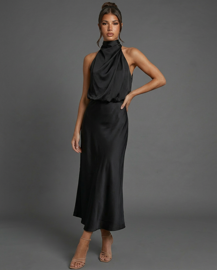 Celine | Draped Halterneck Satin Midi