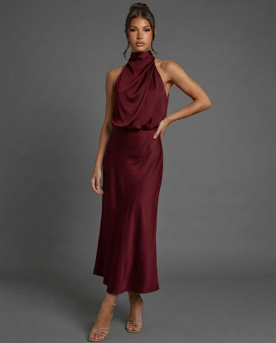 Celine | Draped Halterneck Satin Midi