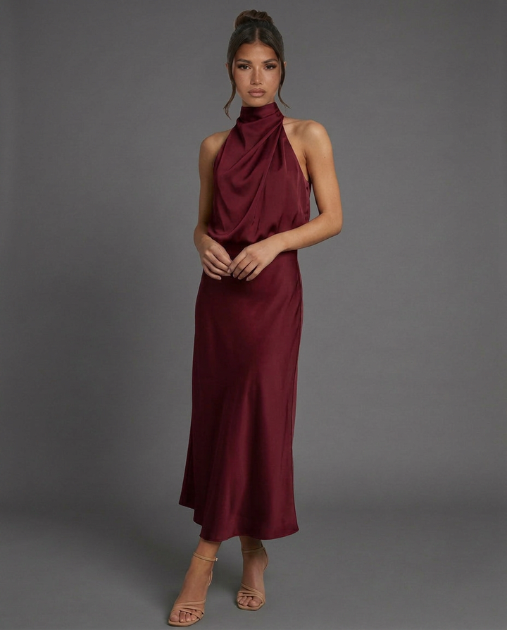 Celine | Draped Halterneck Satin Midi