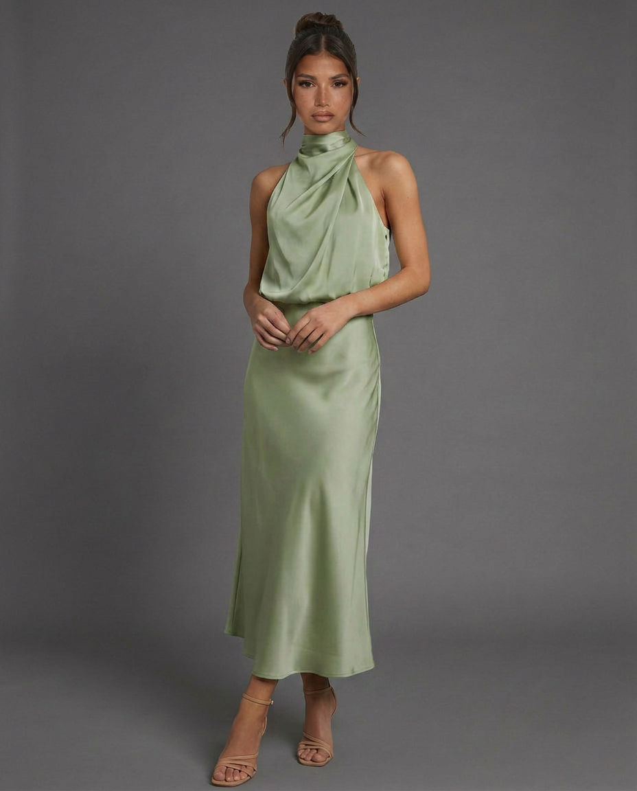 Celine | Draped Halterneck Satin Midi