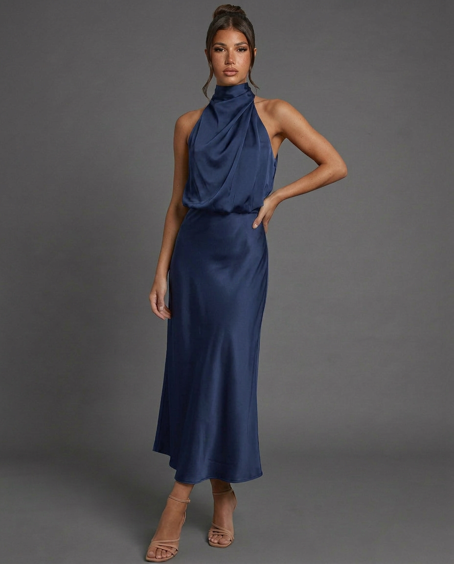 Celine | Draped Halterneck Satin Midi