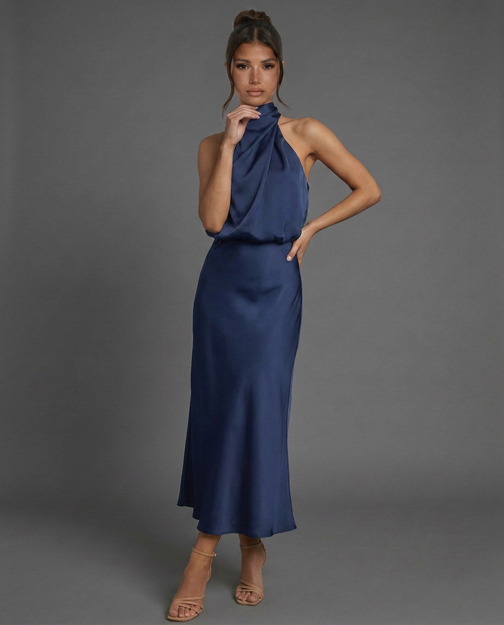 Celine | Draped Halterneck Satin Midi