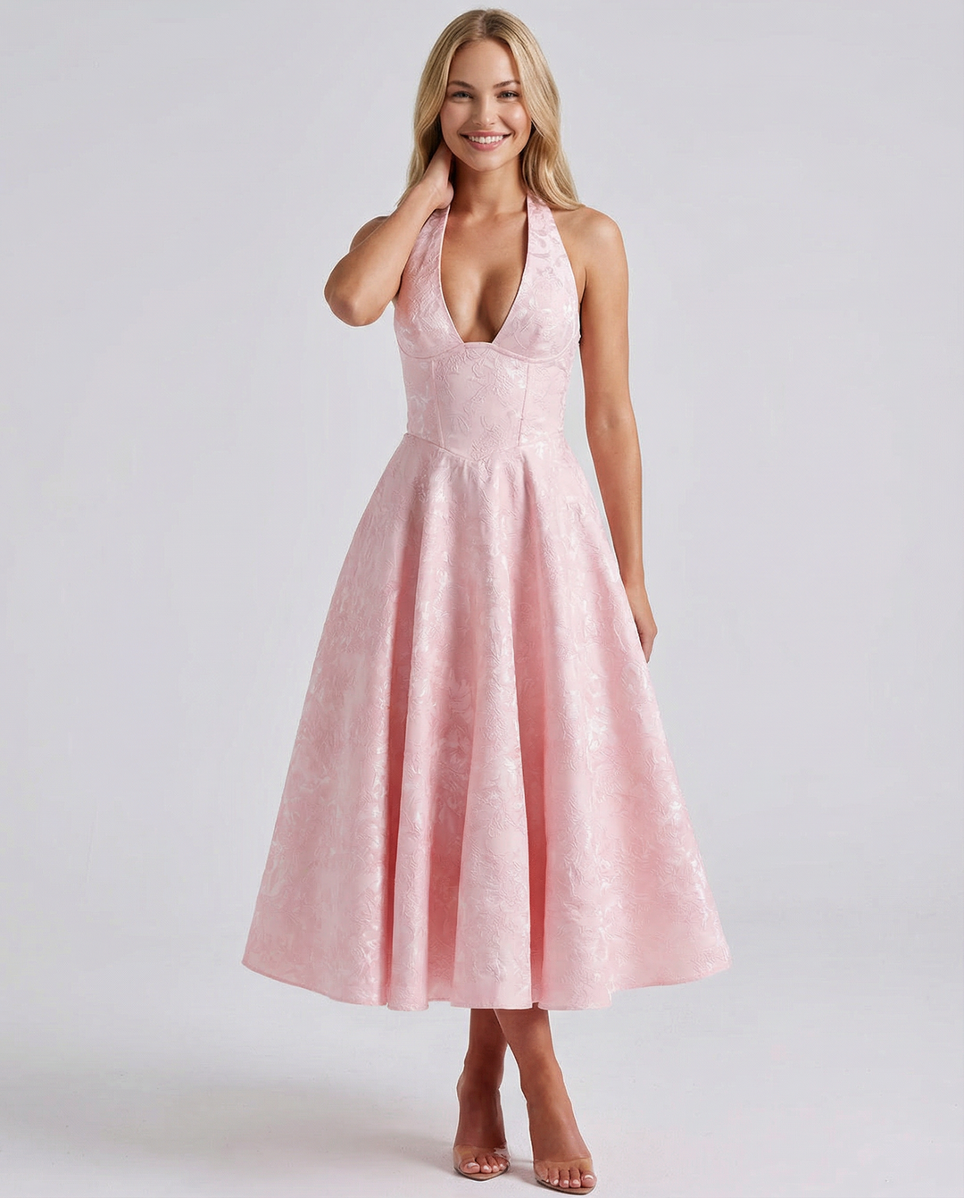 Sheryl | Midi Dress with Halter Neck and Jacquard Finish
