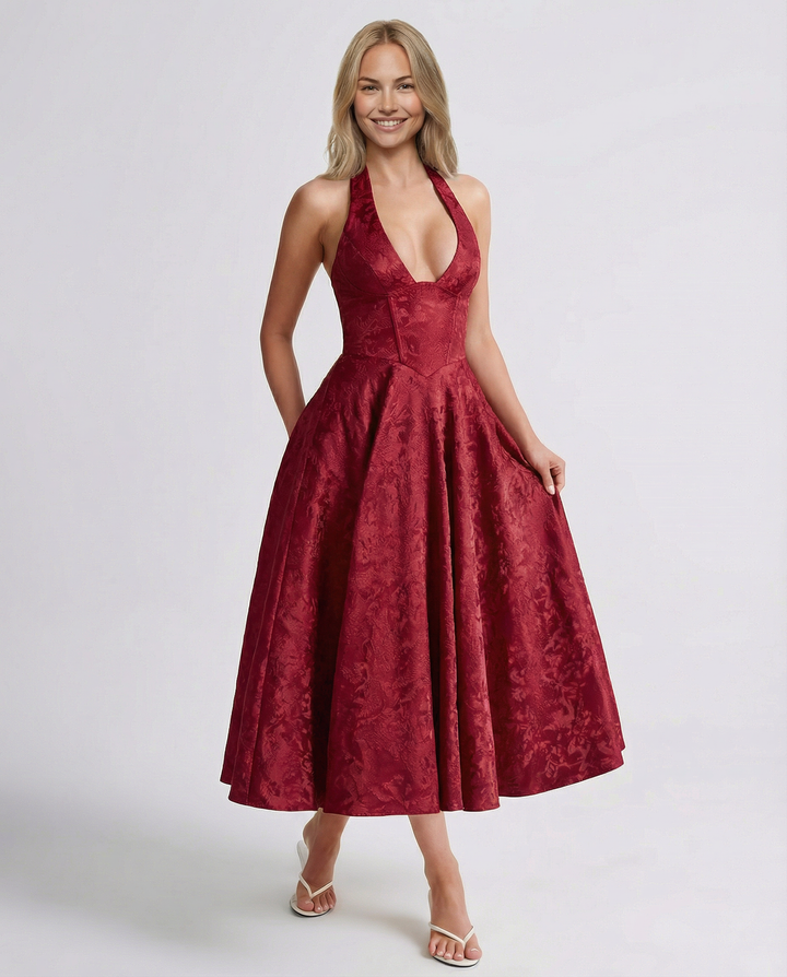 Sheryl | Midi Dress with Halter Neck and Jacquard Finish