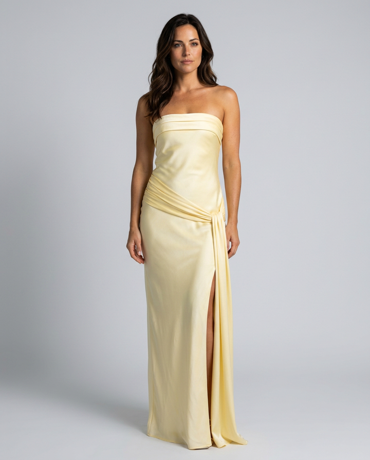 Novie | Tie Detail Satin Strapless Maxi Dress