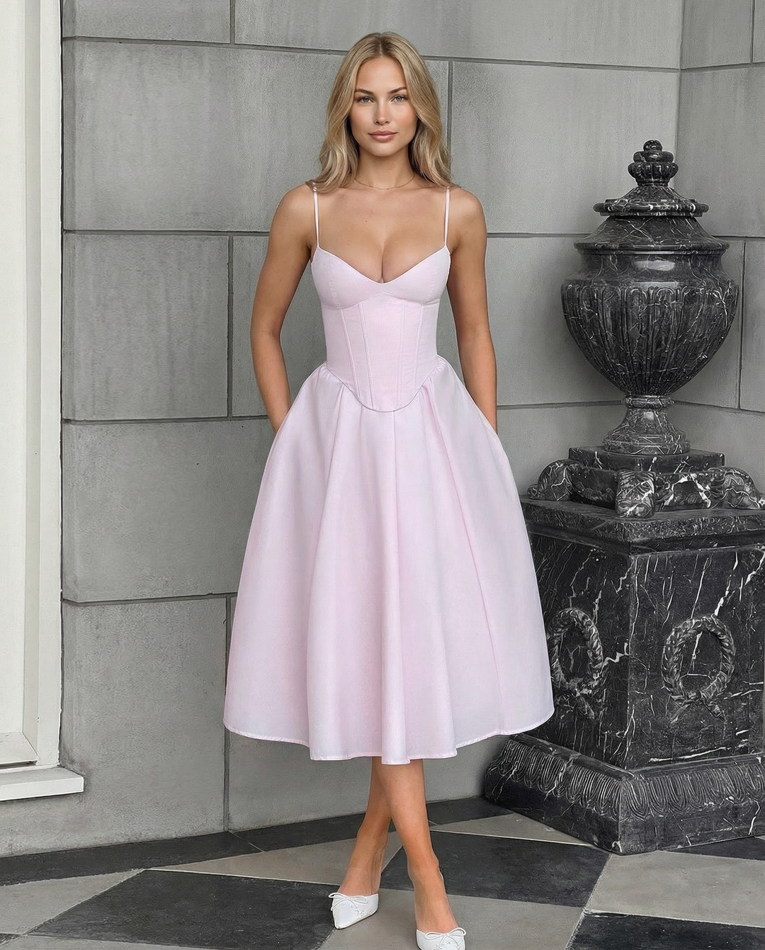 Maya | Flared Skirt Corset Midi Dress