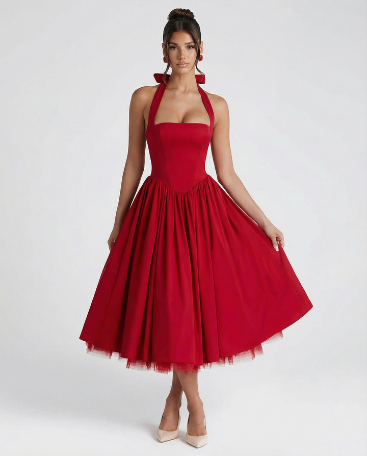 Lena | Midi Halter Neck Lace-Up Back Dress