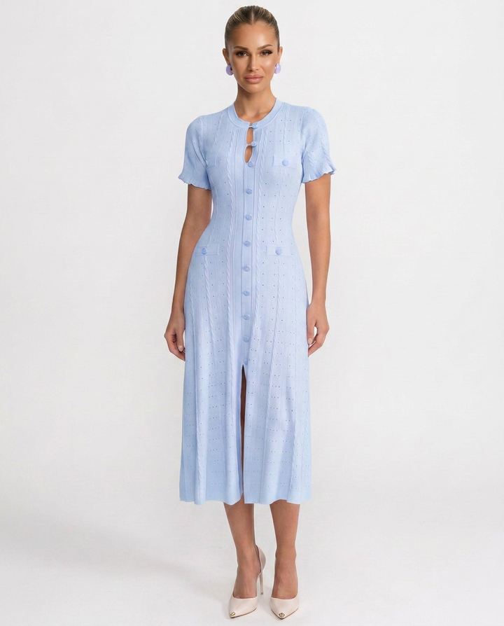 Noor | Scalloped Sleeve Button-Front Knit Midi Dress