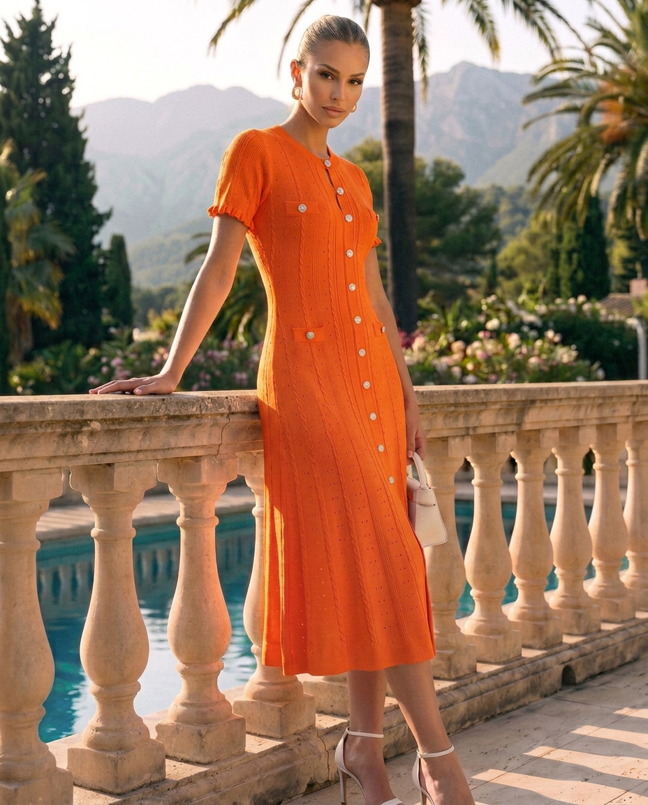 Noor | Scalloped Sleeve Button-Front Knit Midi Dress