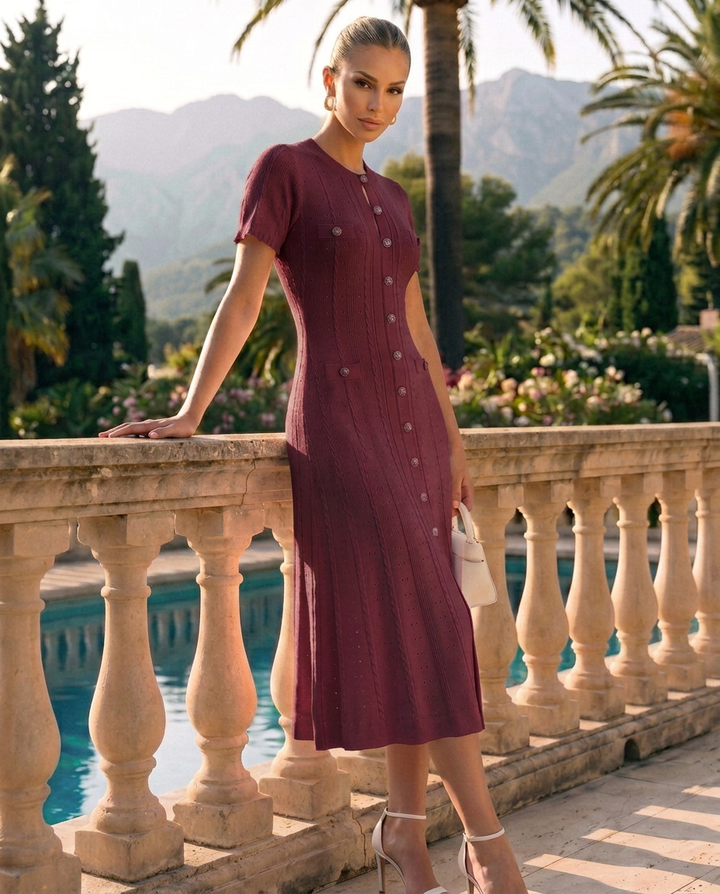 Noor | Scalloped Sleeve Button-Front Knit Midi Dress