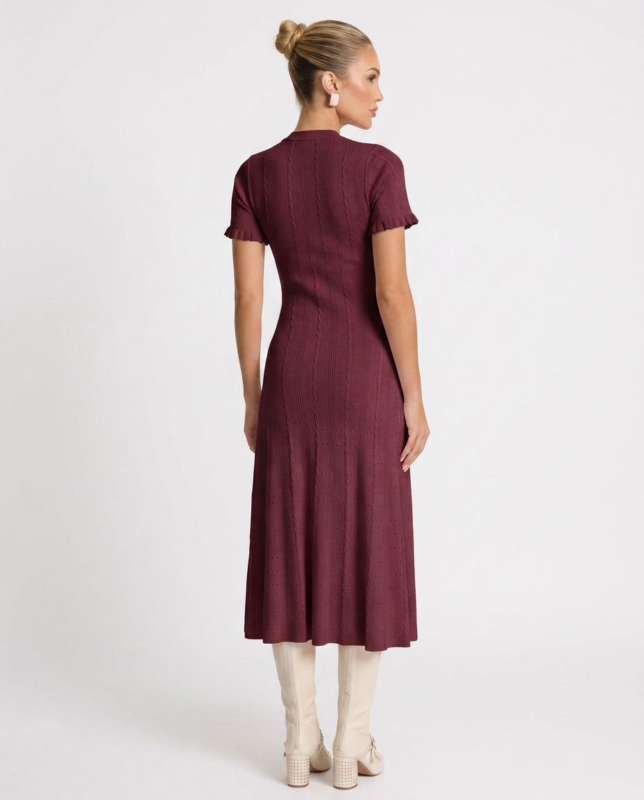 Noor | Scalloped Sleeve Button-Front Knit Midi Dress