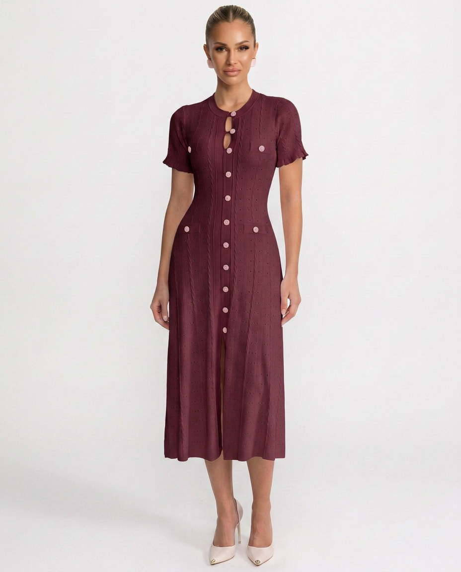 Noor | Scalloped Sleeve Button-Front Knit Midi Dress