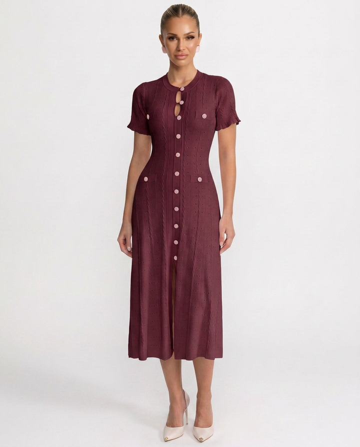 Noor | Scalloped Sleeve Button-Front Knit Midi Dress