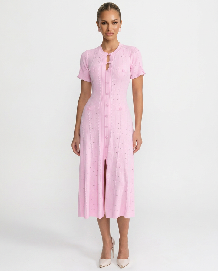 Noor | Scalloped Sleeve Button-Front Knit Midi Dress
