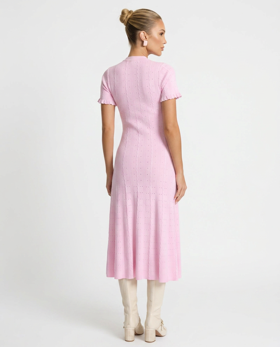 Noor | Scalloped Sleeve Button-Front Knit Midi Dress