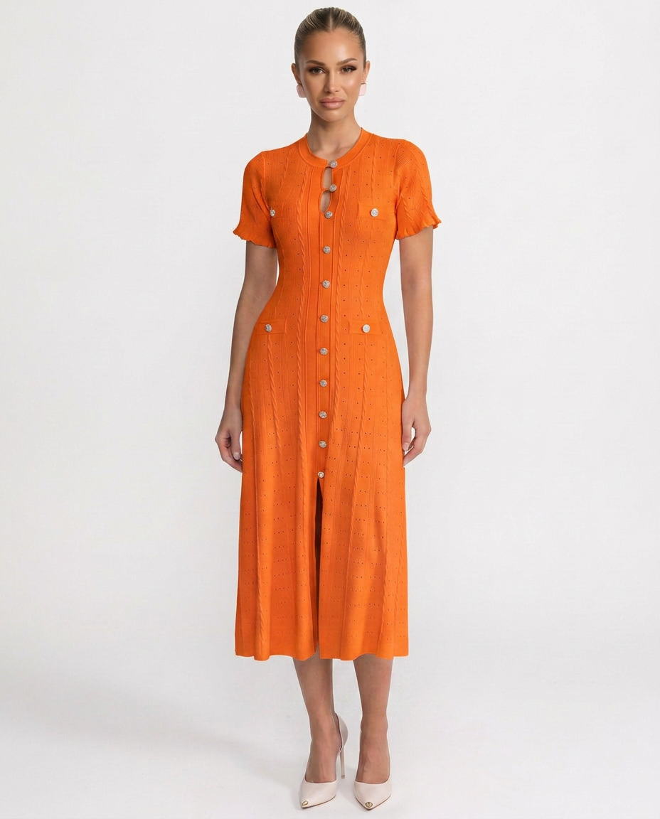 Noor | Scalloped Sleeve Button-Front Knit Midi Dress