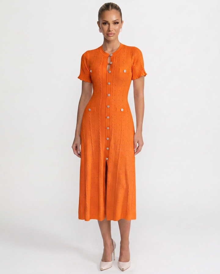 Noor | Scalloped Sleeve Button-Front Knit Midi Dress