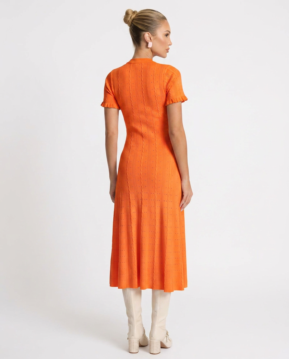Noor | Scalloped Sleeve Button-Front Knit Midi Dress