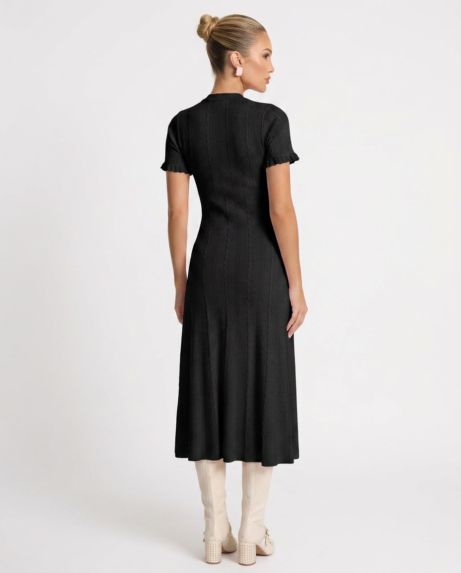 Noor | Scalloped Sleeve Button-Front Knit Midi Dress
