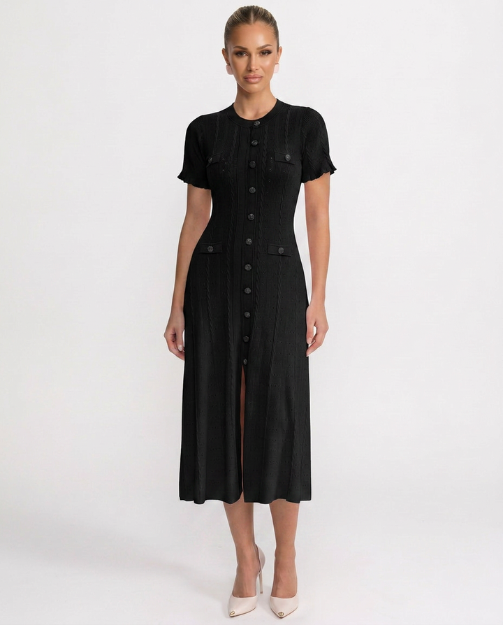 Noor | Scalloped Sleeve Button-Front Knit Midi Dress