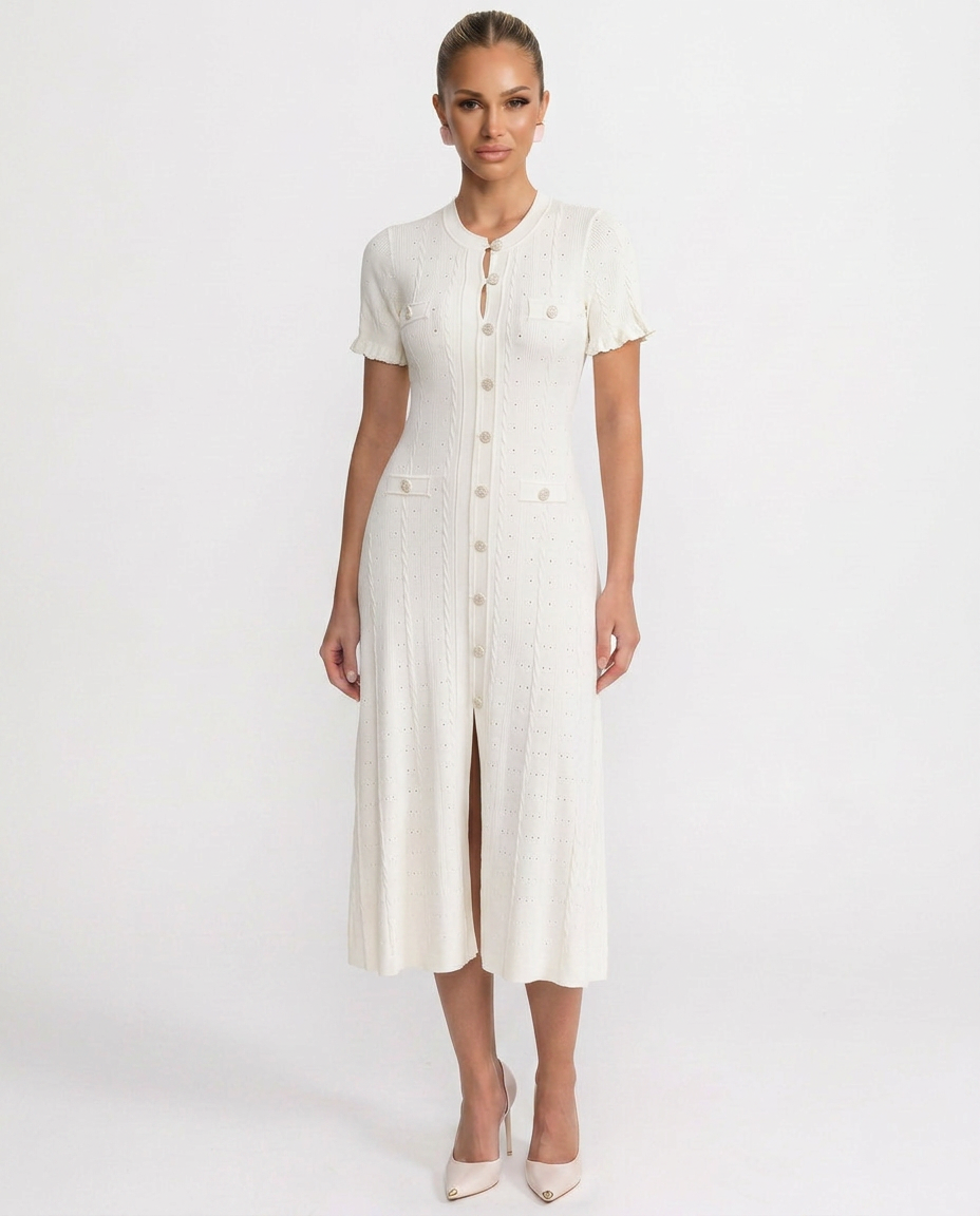 Noor | Scalloped Sleeve Button-Front Knit Midi Dress