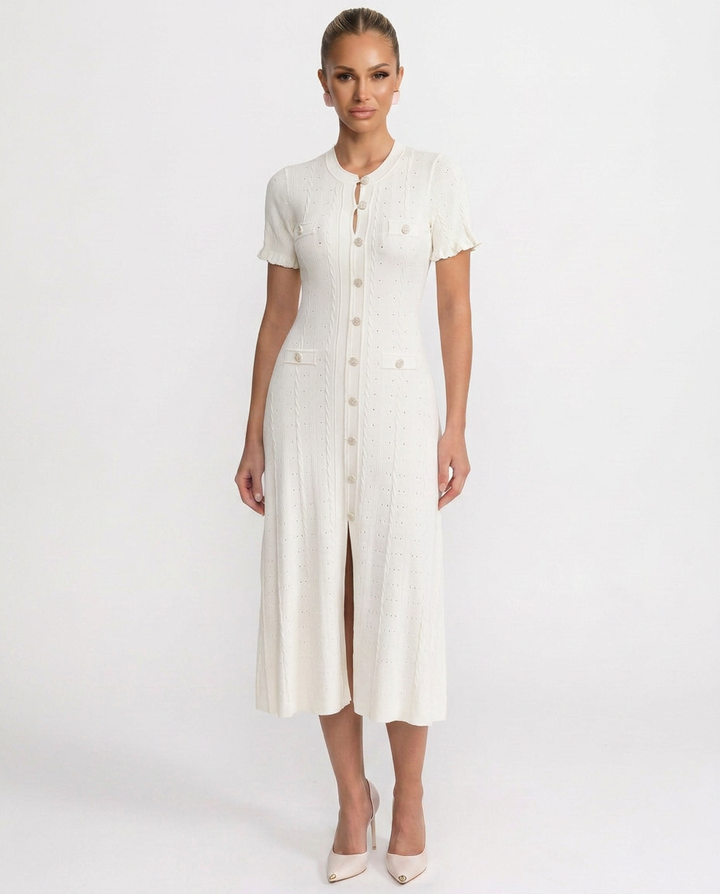 Noor | Scalloped Sleeve Button-Front Knit Midi Dress