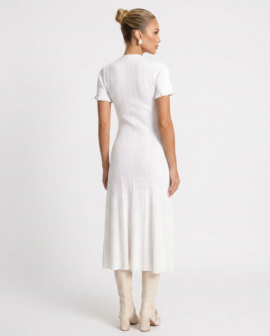 Noor | Scalloped Sleeve Button-Front Knit Midi Dress
