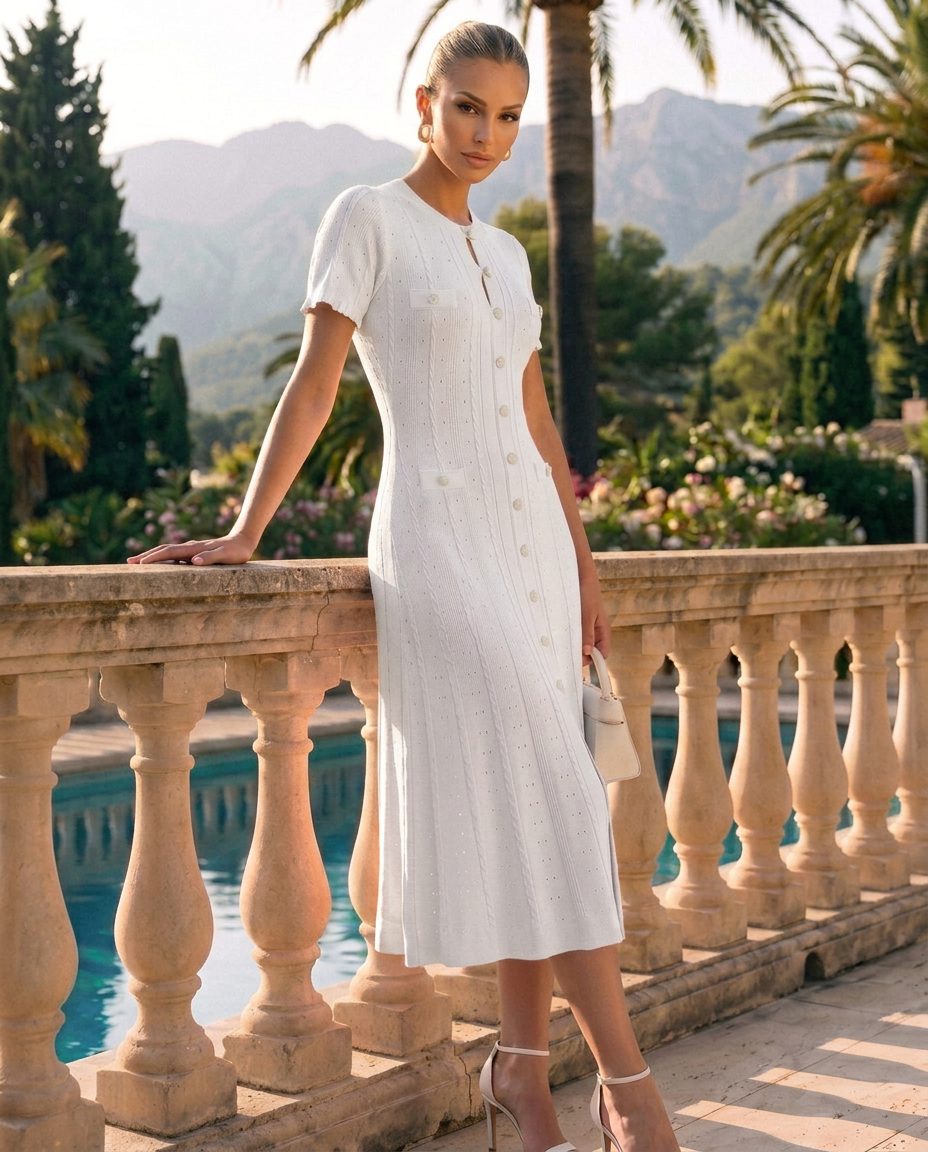 Noor | Scalloped Sleeve Button-Front Knit Midi Dress