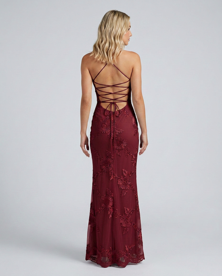 Angela | Maxi Dress with Floral Appliqué and Lace-Up Back
