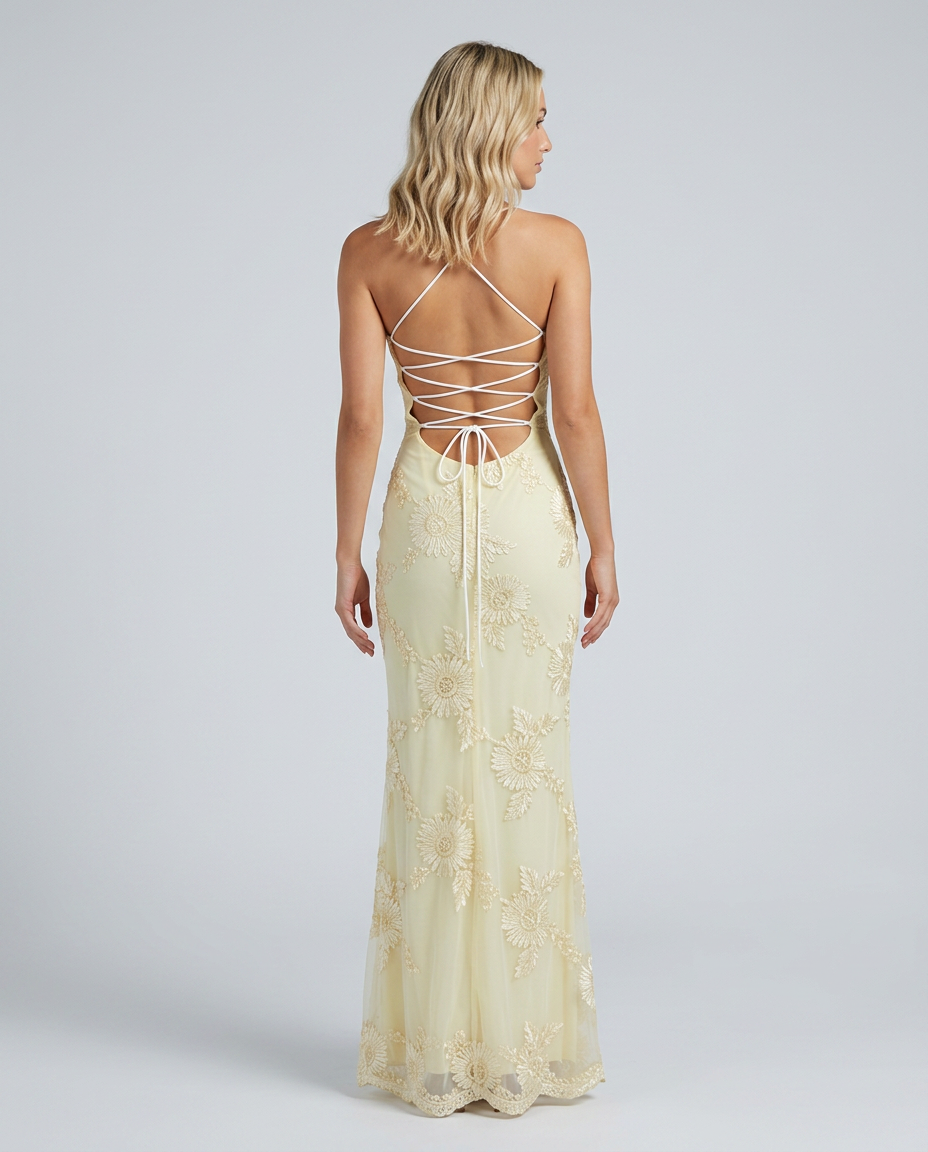 Angela | Maxi Dress with Floral Appliqué and Lace-Up Back