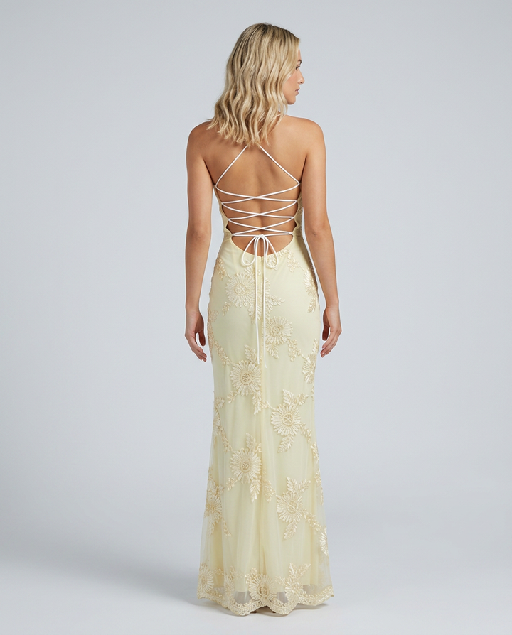 Angela | Maxi Dress with Floral Appliqué and Lace-Up Back